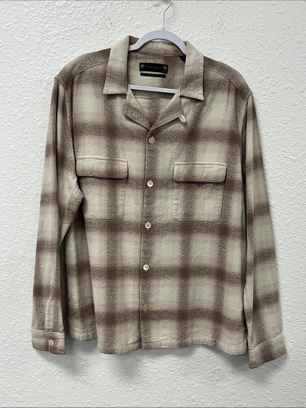 AllSaints Men's Cream and Chestnut Brown Plaid Button-Down Shirt Jacket #1227